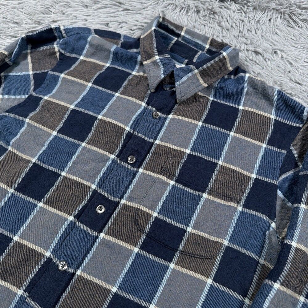 Outerknown Shirt Small Blue Brown Button Up Flannel Plaid Organic Cotton Mens